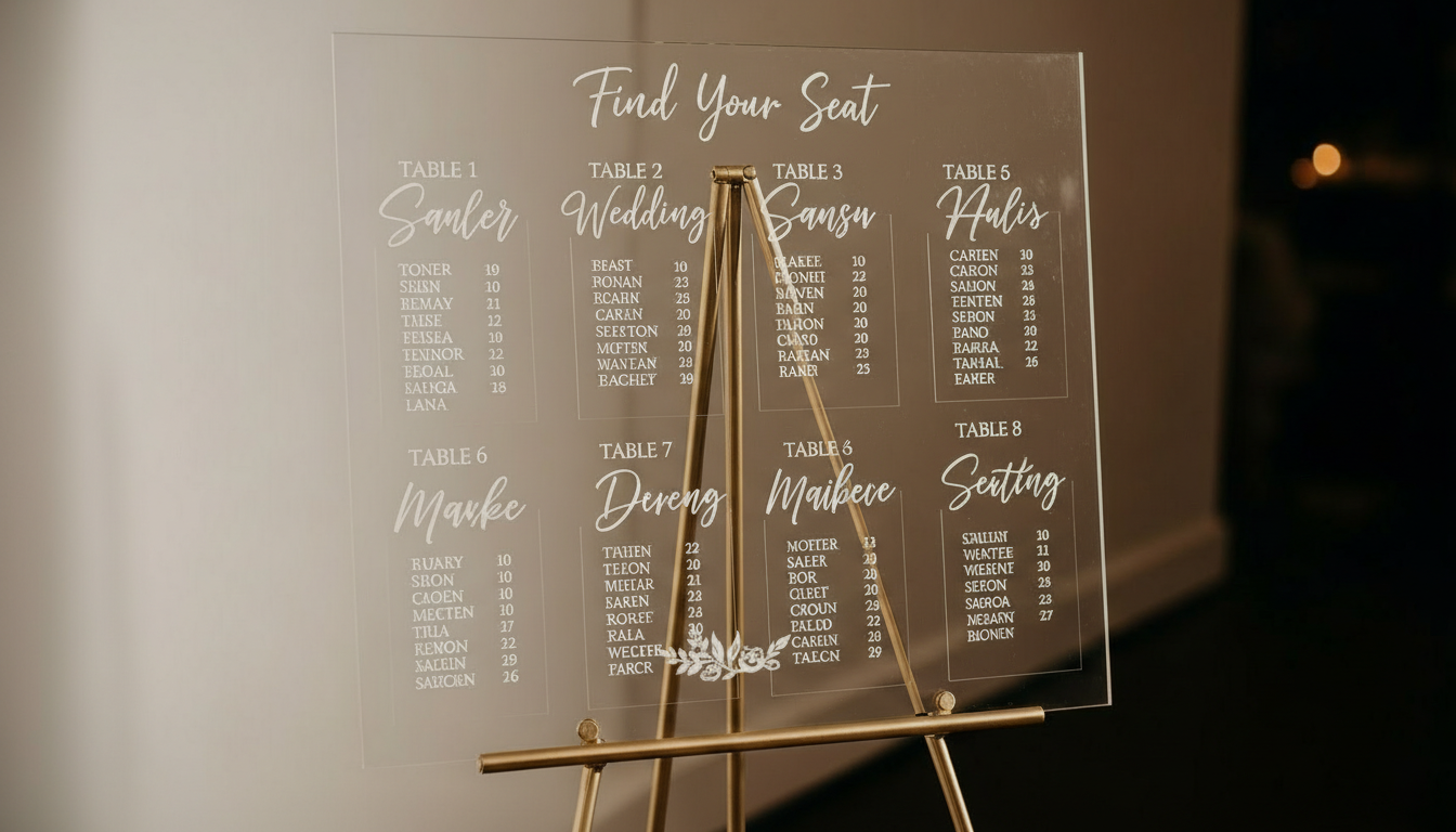modern wedding decor ideas acrylic signage seating chart with clean lettering