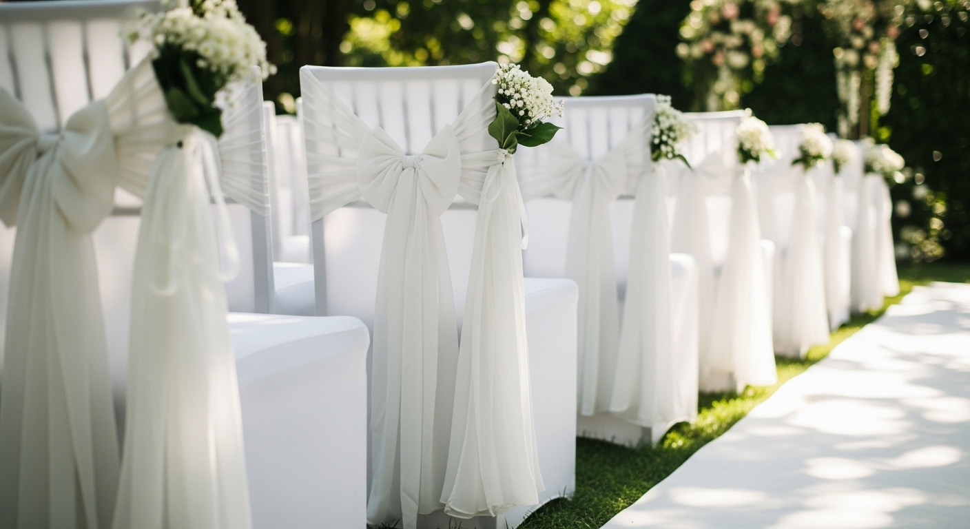 wedding ceremony decor ideas with chiffon chair sashes and bows