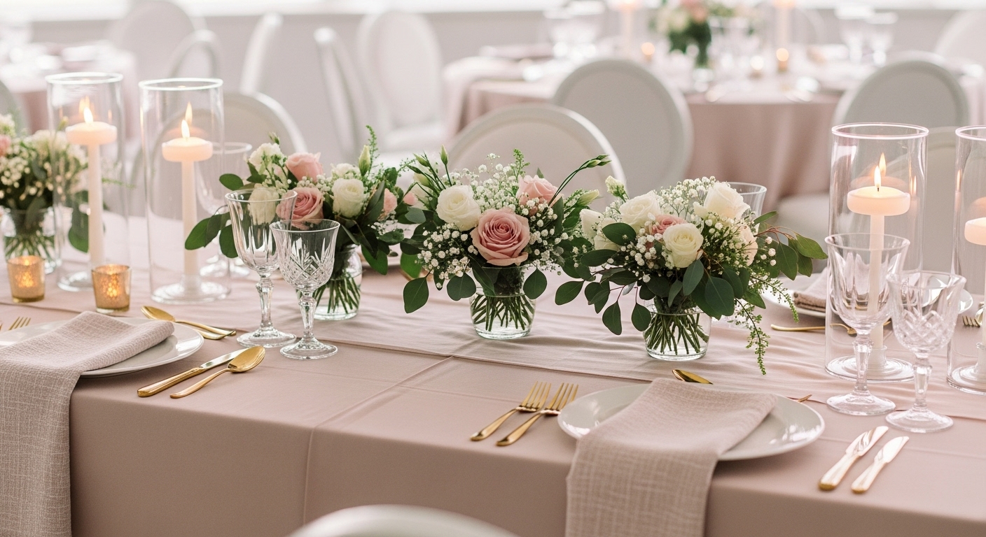 Blush rose wedding centerpiece with three small vases and candles on a romantic reception table