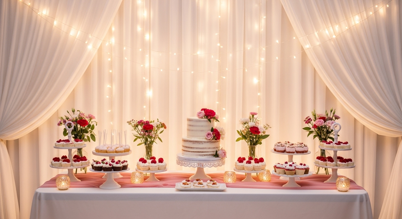 wedding decor ideas dessert table backdrop with lights and simple styling