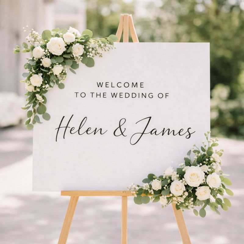 wedding decor ideas welcome sign with greenery and flowers at the entrance