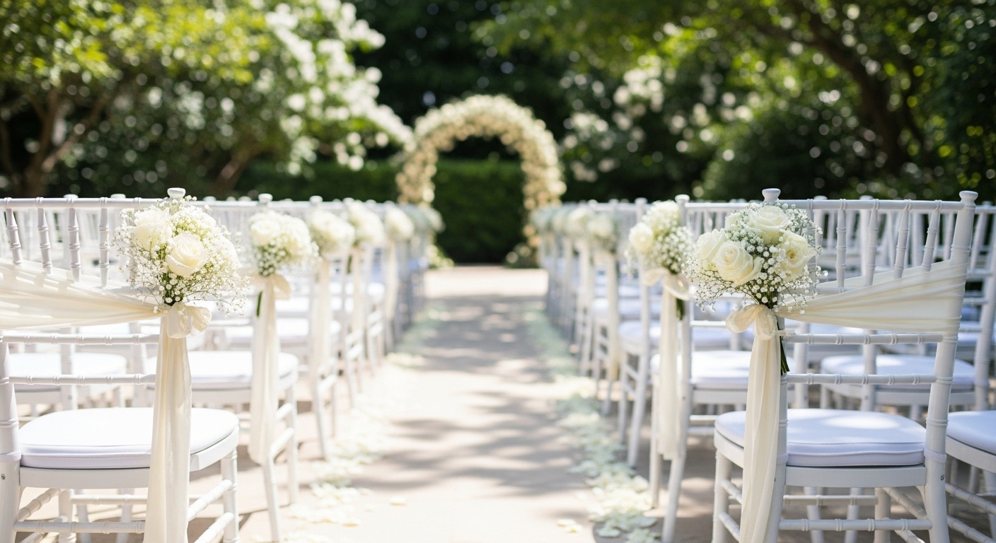 “Wedding ceremony chairs with small flower aisle markers tied with chiffon ribbon in an outdoor garden”