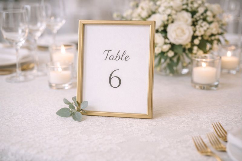 “Gold frame table number card on wedding reception table with simple font and eucalyptus accent”