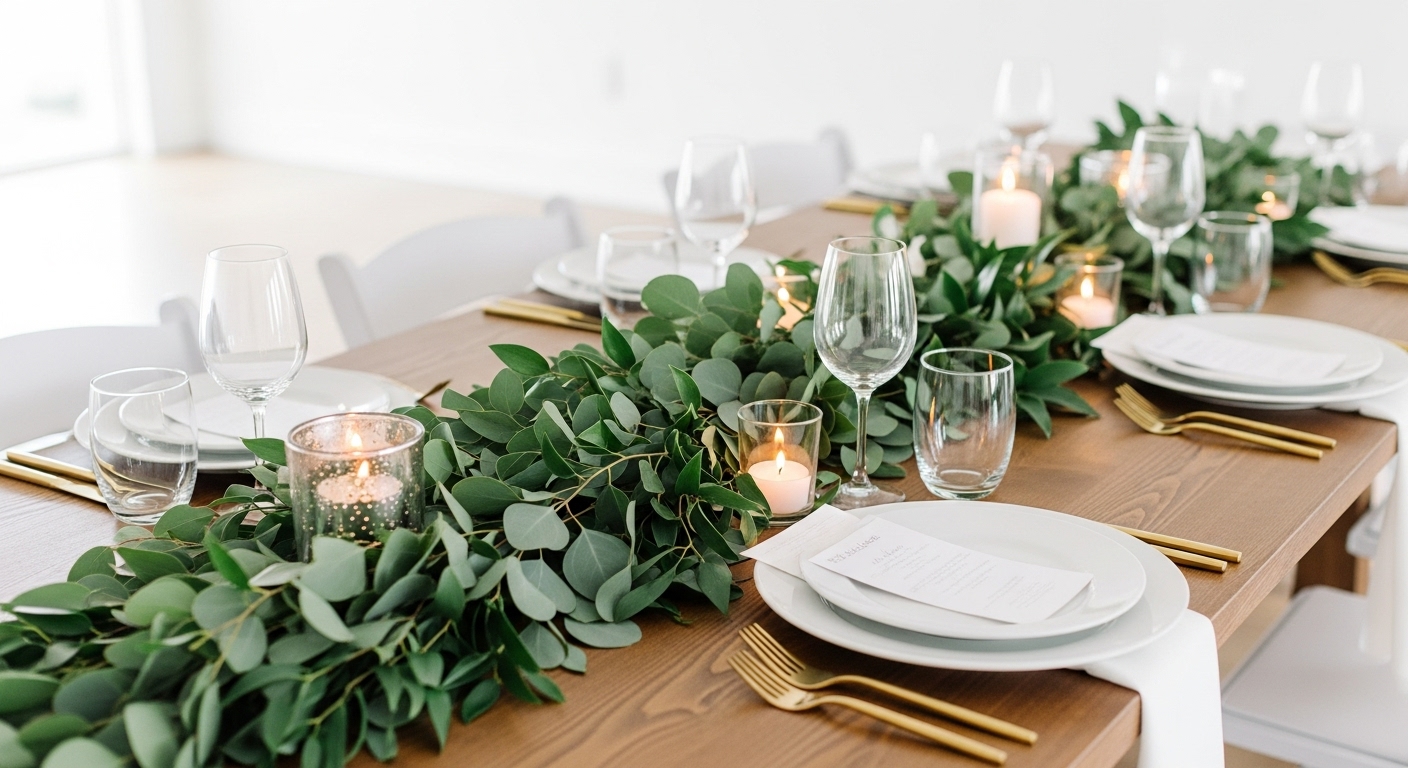 greenery table runner wedding decor idea with eucalyptus and candles