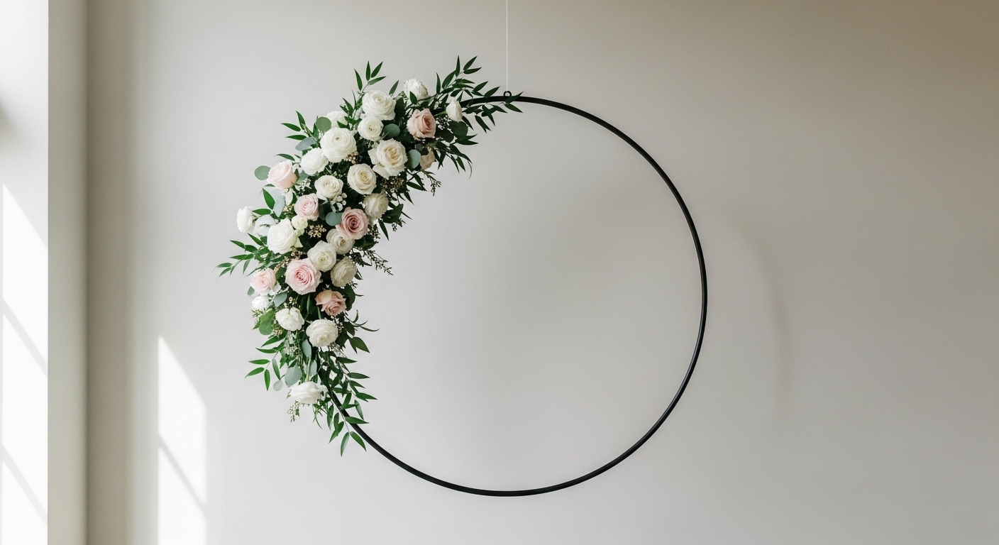 “Half floral hoop wedding decor with eucalyptus greenery and neutral flowers hanging on a clean wall”