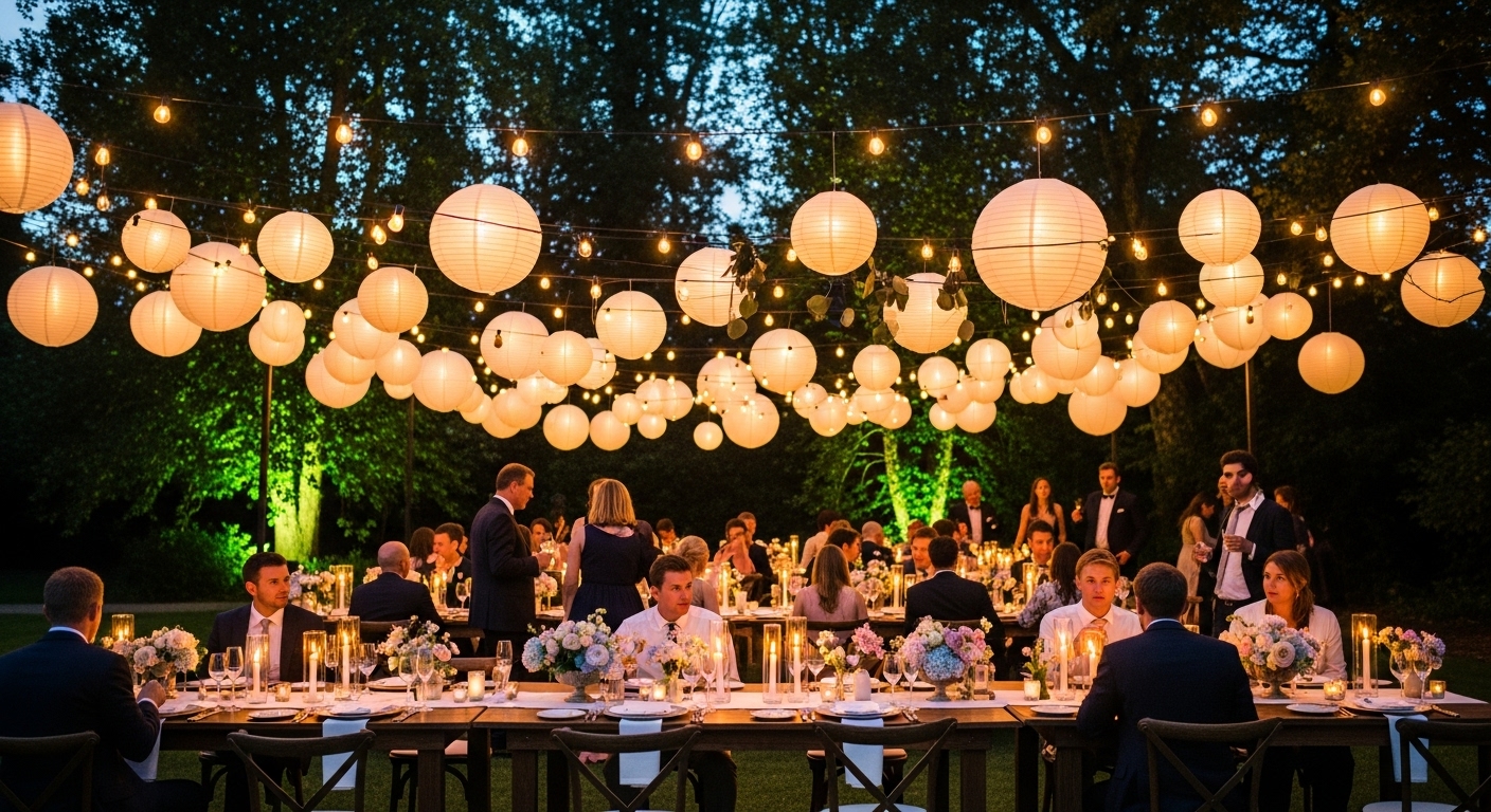 outdoor wedding decor ideas with hanging lanterns and warm lighting