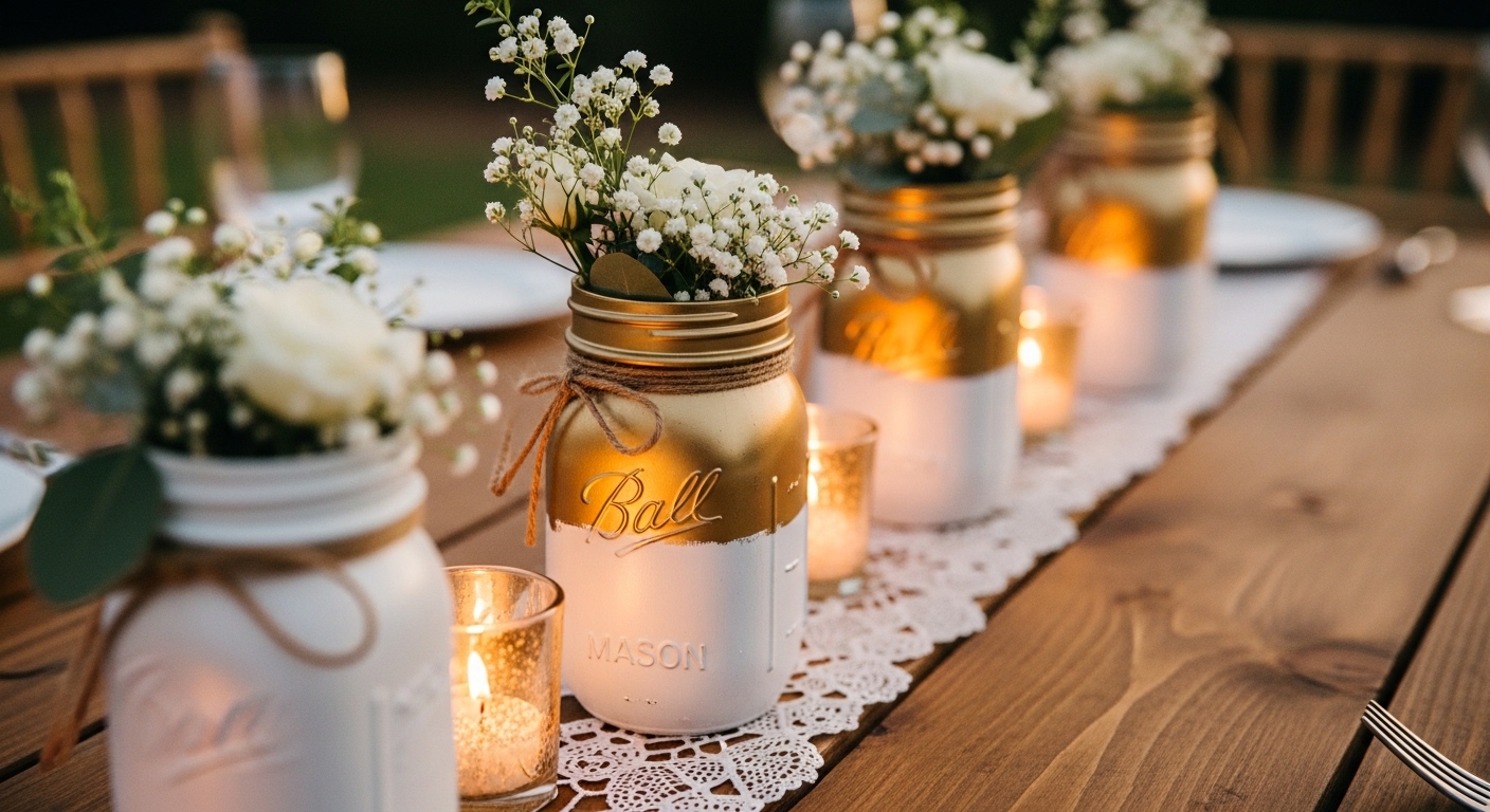 wedding decor ideas mason jar centerpieces with candles and greenery.