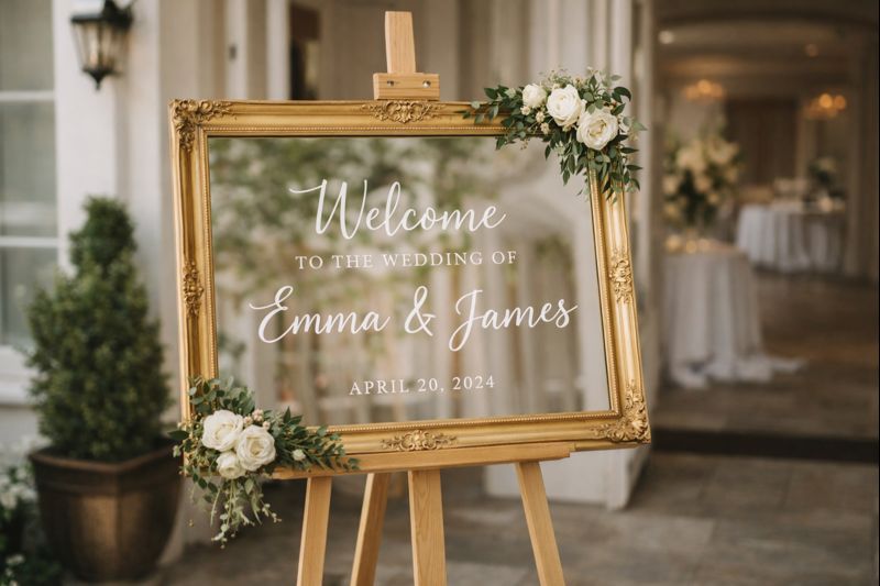 wedding decor ideas mirror welcome board with elegant calligraphy and flowers.