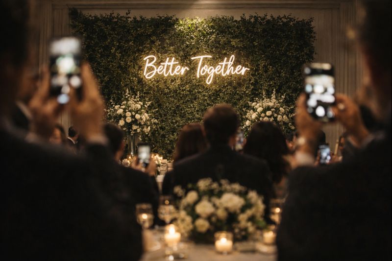 wedding decor ideas neon sign backdrop with greenery wall for photos