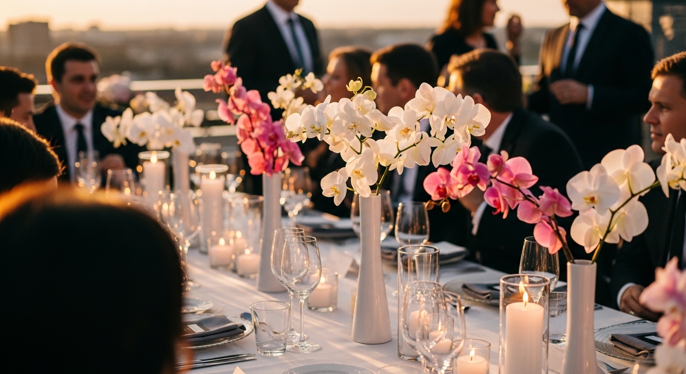 Low orchid centerpieces allowing guests to talk easily at wedding