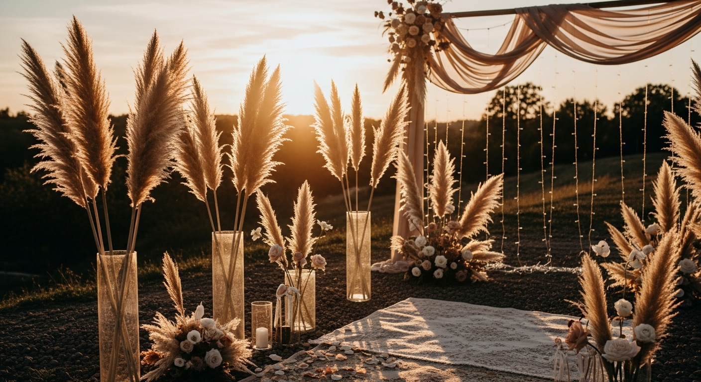 boho wedding decor ideas using pampas grass in tall vases.