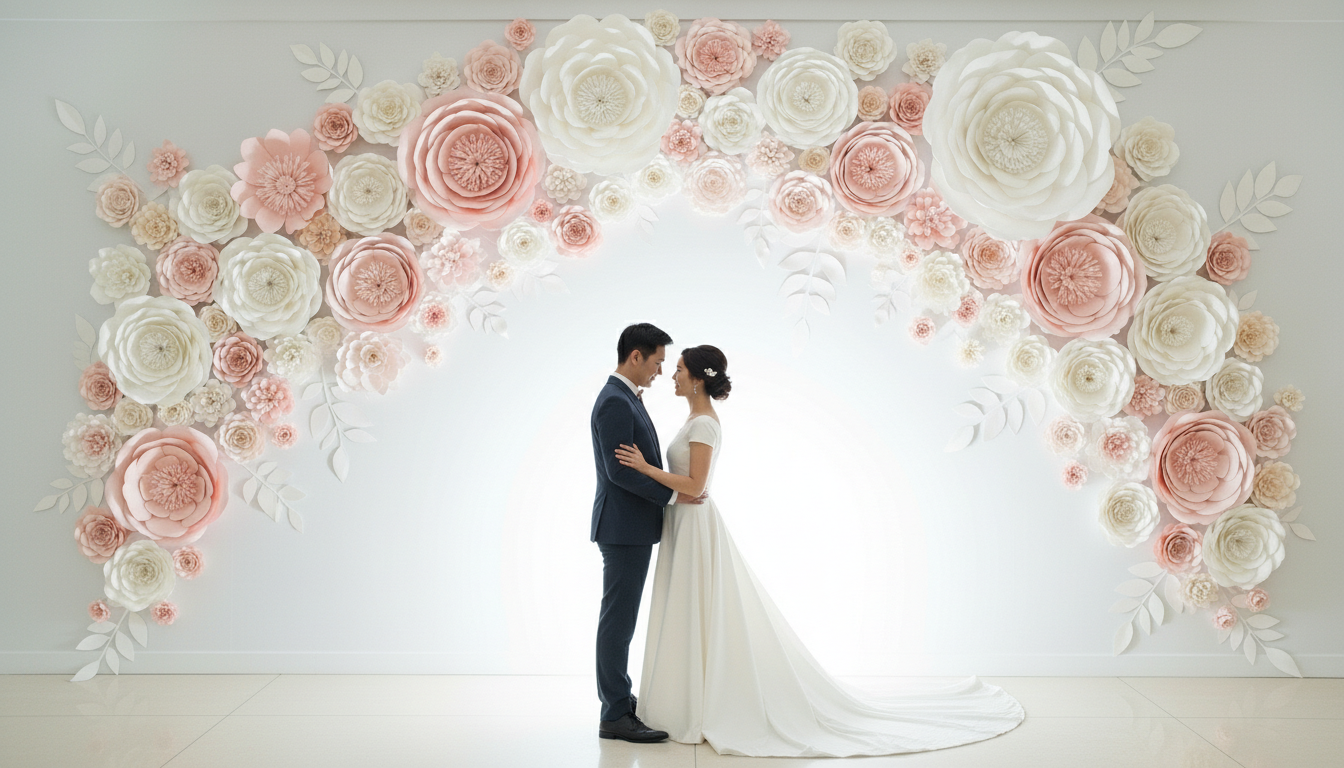 DIY wedding decor ideas with paper flower backdrop in soft neutral colors.