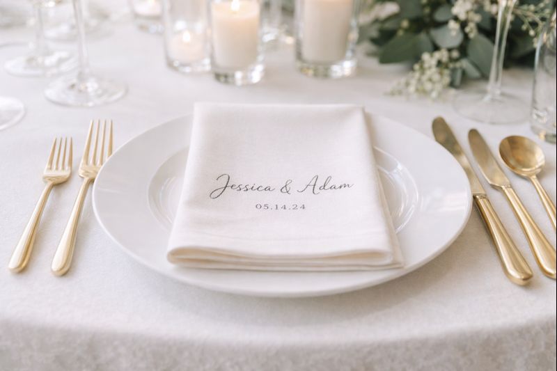 “Personalized wedding napkins with names and date on a neutral table setting with greenery and gold cutlery”