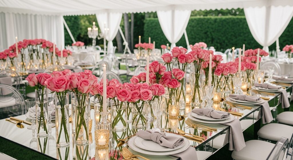 Pink rose wedding centerpiece in glass cylinders with candlelight on luxury reception table