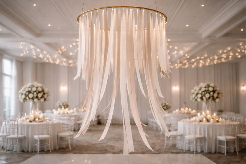 “Ribbon chandelier hanging above wedding dance floor with long chiffon ribbons in neutral colors”