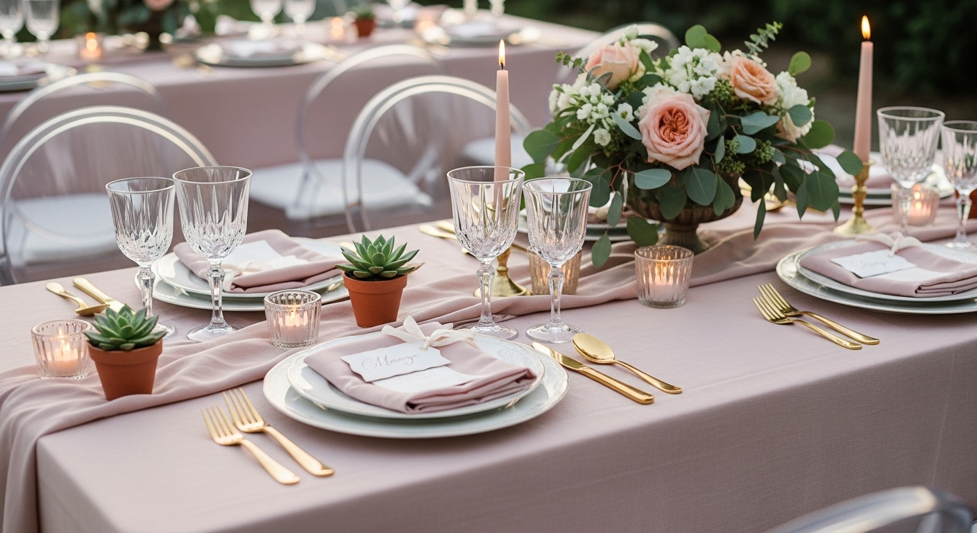 Wedding table with mini succulents and candles used as favors
