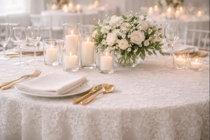 “White lace tablecloth wedding table setup with candles and minimal greenery in a neutral color palette”