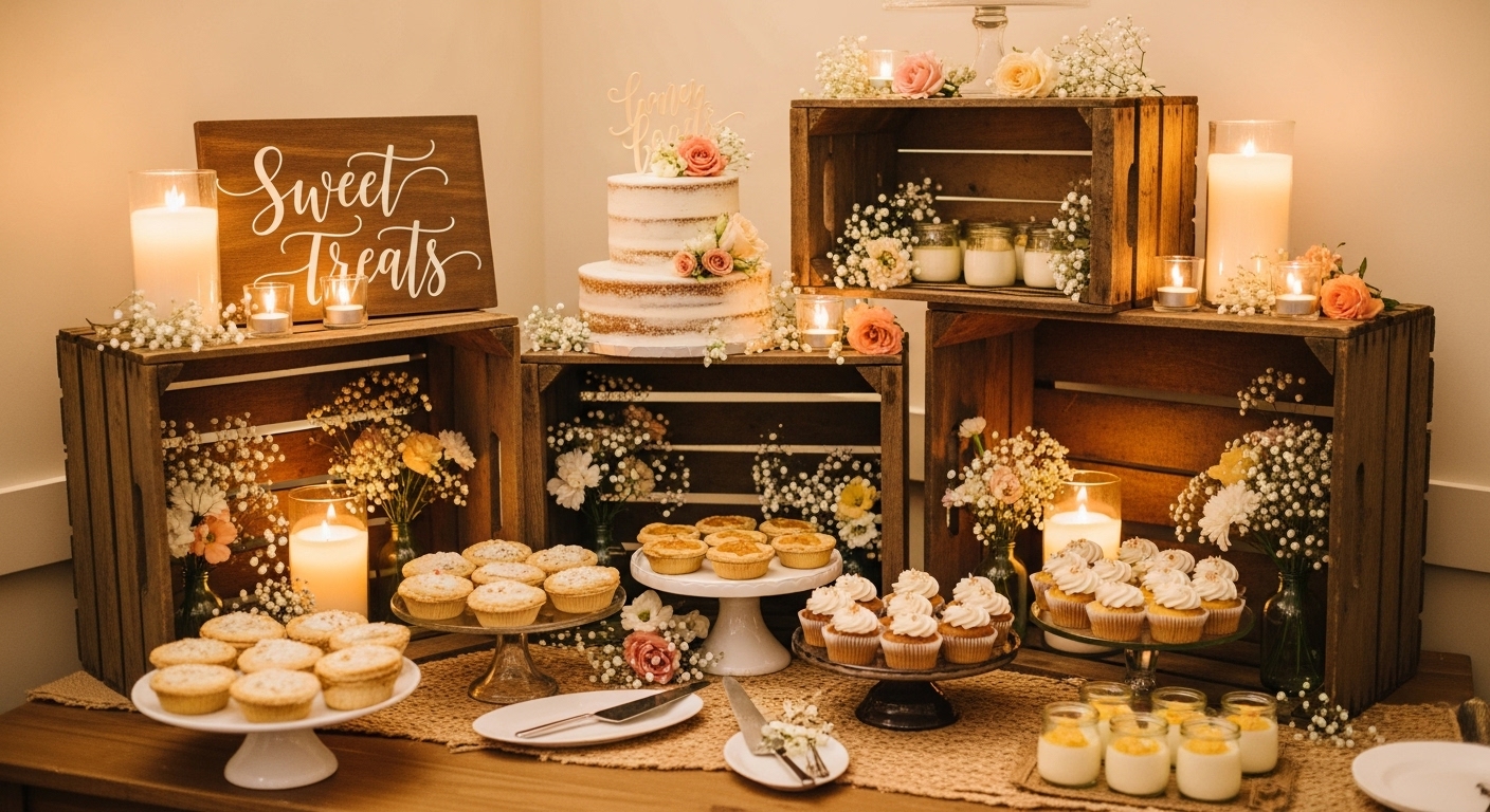 rustic wedding decor ideas using wooden crates for display and styling