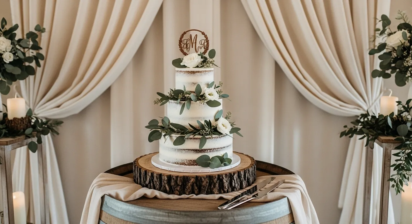 rustic wood & greenery wedding cake table