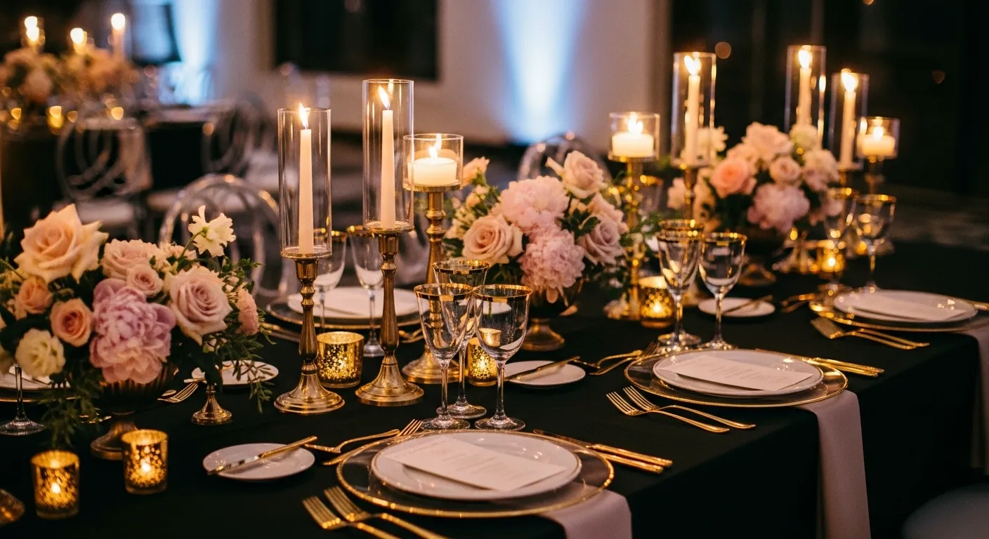 Black gold pink wedding table decor