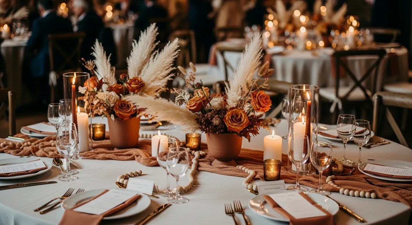 Boho wedding table decor with pampas grass and terracotta vases