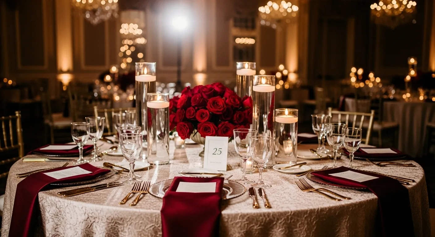 Wedding table with burgundy napkins