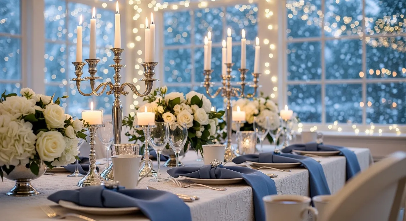 Winter wedding table with blue napkins