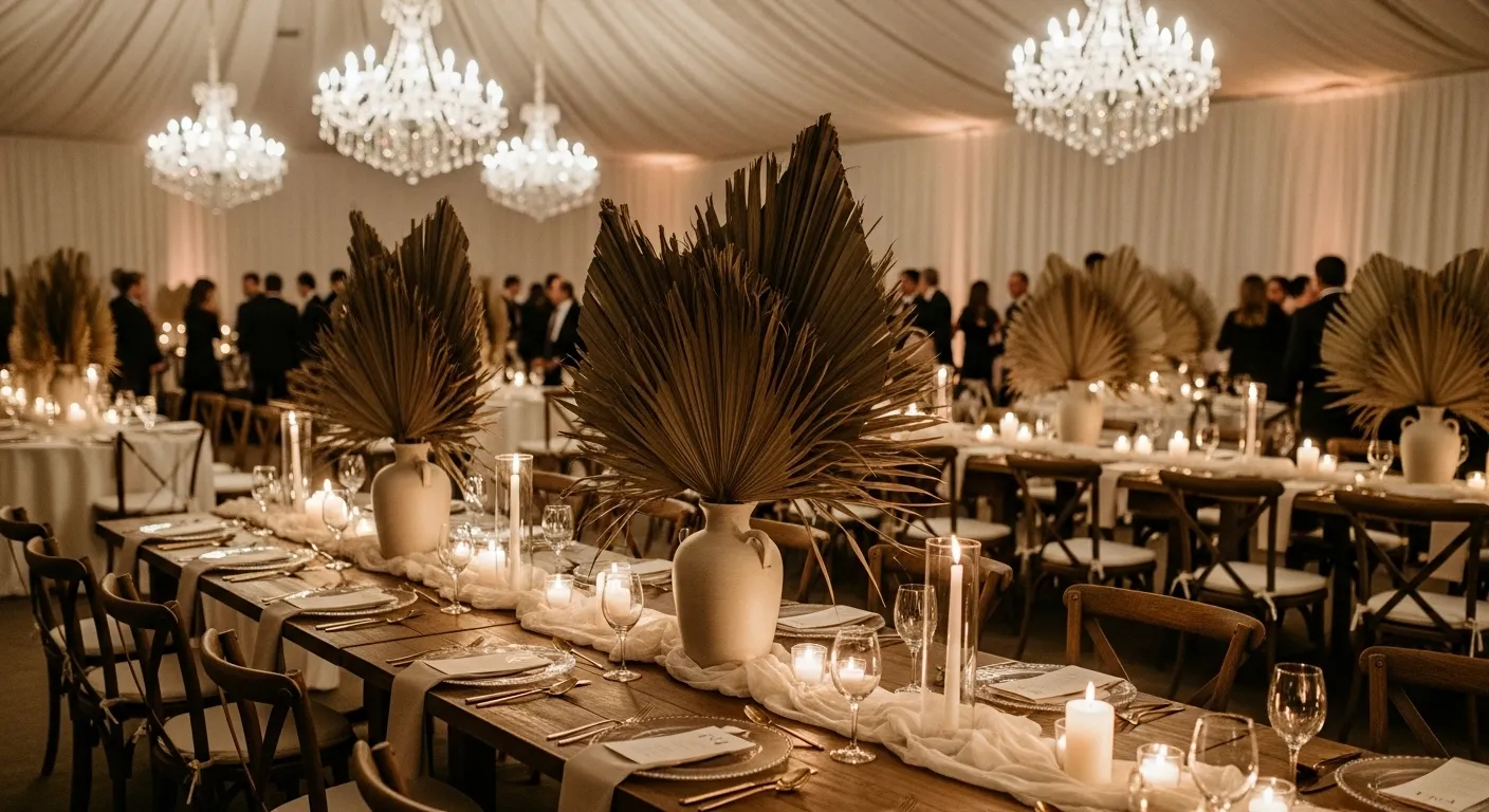 boho wedding centerpiece using dried palm fronds in ceramic vase with neutral table decor