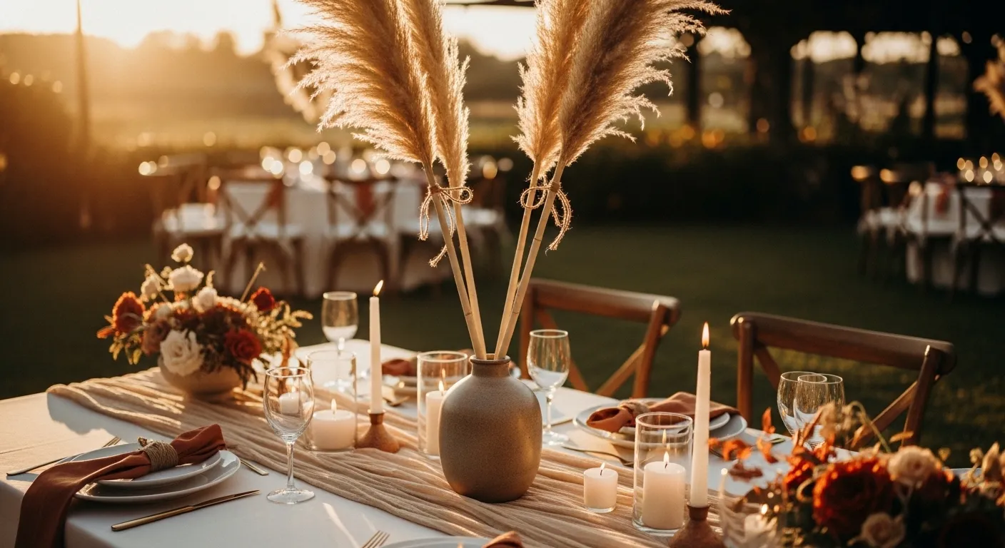 boho wedding centerpiece with pampas grass bundles in neutral ceramic vase on rustic table