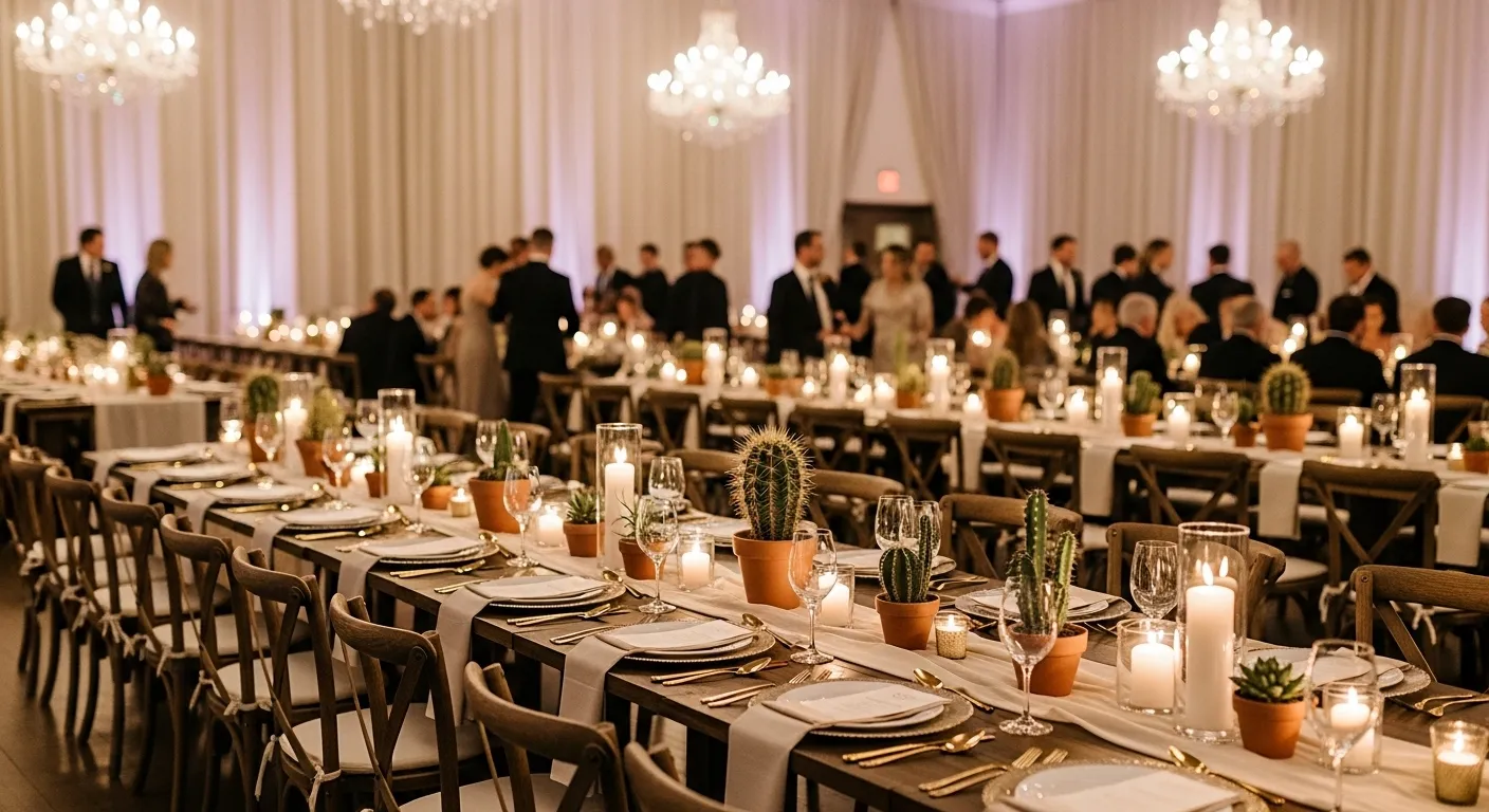 mini cactus plants used as boho wedding table centerpiece decor