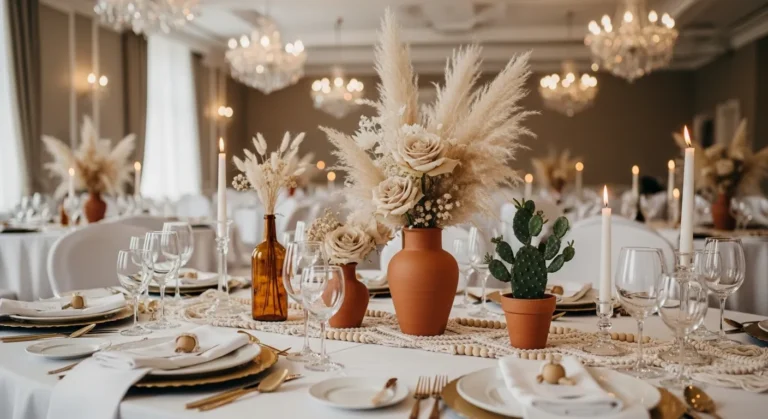 luxury boho wedding centerpiece ideas with pampas grass terracotta vases candles and elegant ballroom reception table